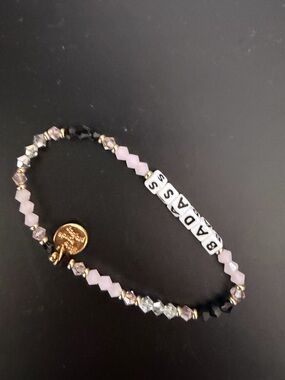 Pink Beaded Stretch Bracelet with Letter Accent